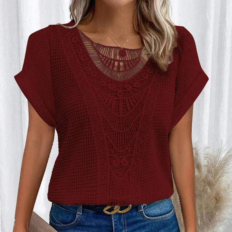 Daniela | Blusa Manga Corta Cuello V Encaje Bordado