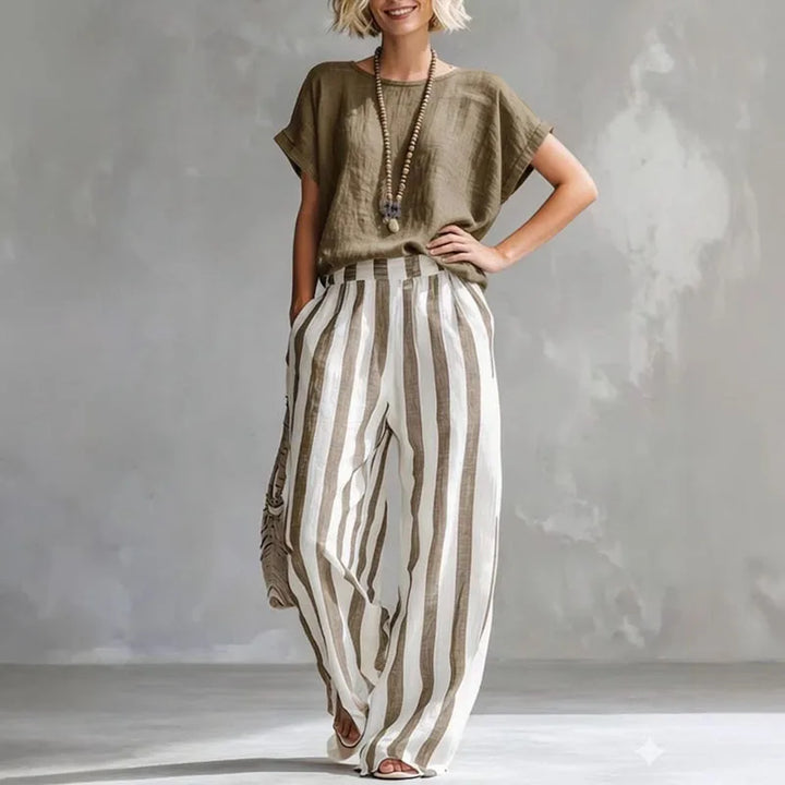 Daniela | Conjunto Pantalón Rayas Manga Corta Cuello Redondo