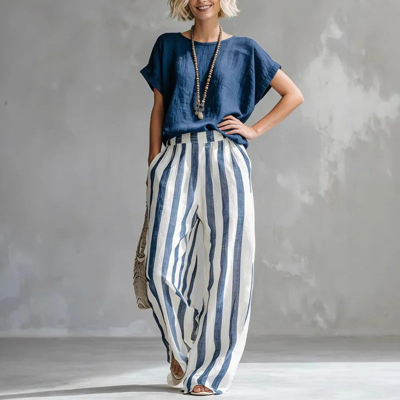 Daniela | Conjunto Pantalón Rayas Manga Corta Cuello Redondo