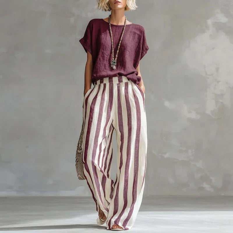 Daniela | Conjunto Pantalón Rayas Manga Corta Cuello Redondo