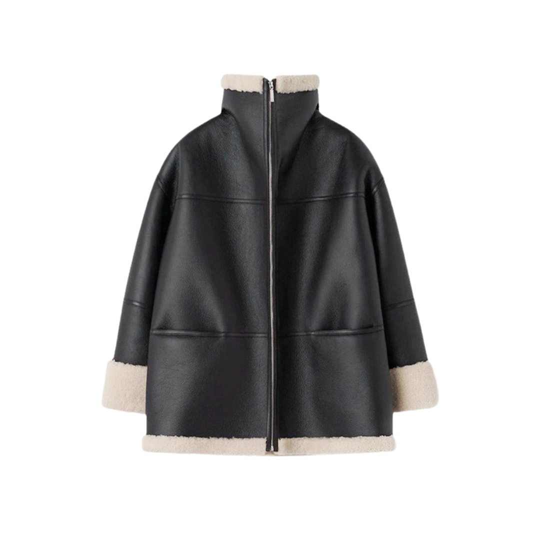 Cristina | Abrigo Shearling Negro Mujer Cuello Cremallera