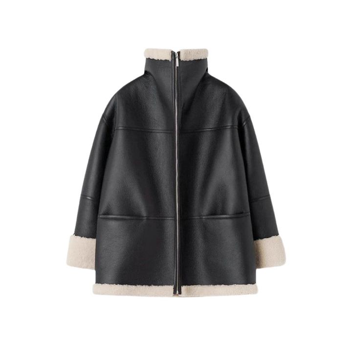 Cristina | Abrigo Shearling Negro Mujer Cuello Cremallera