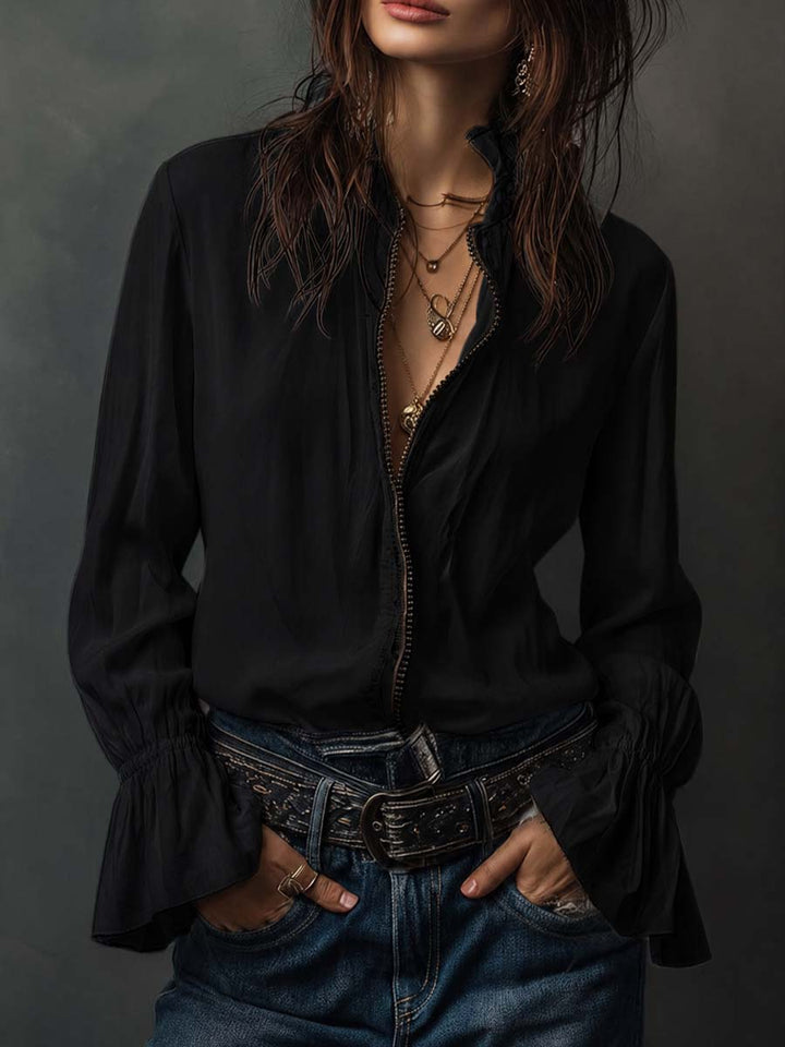 Elena | Blusa Manga Larga Cuello Camisero con Cremallera