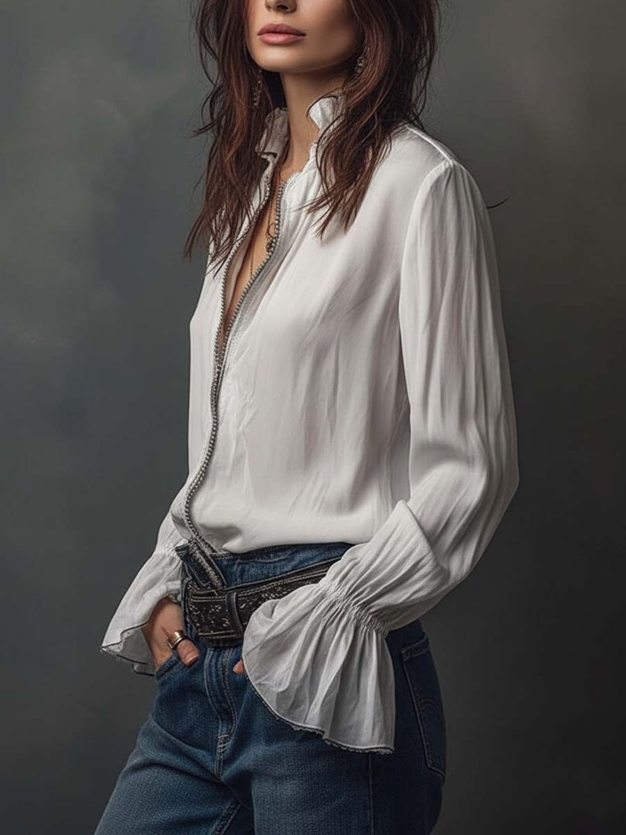 Elena | Blusa Manga Larga Cuello Camisero con Cremallera