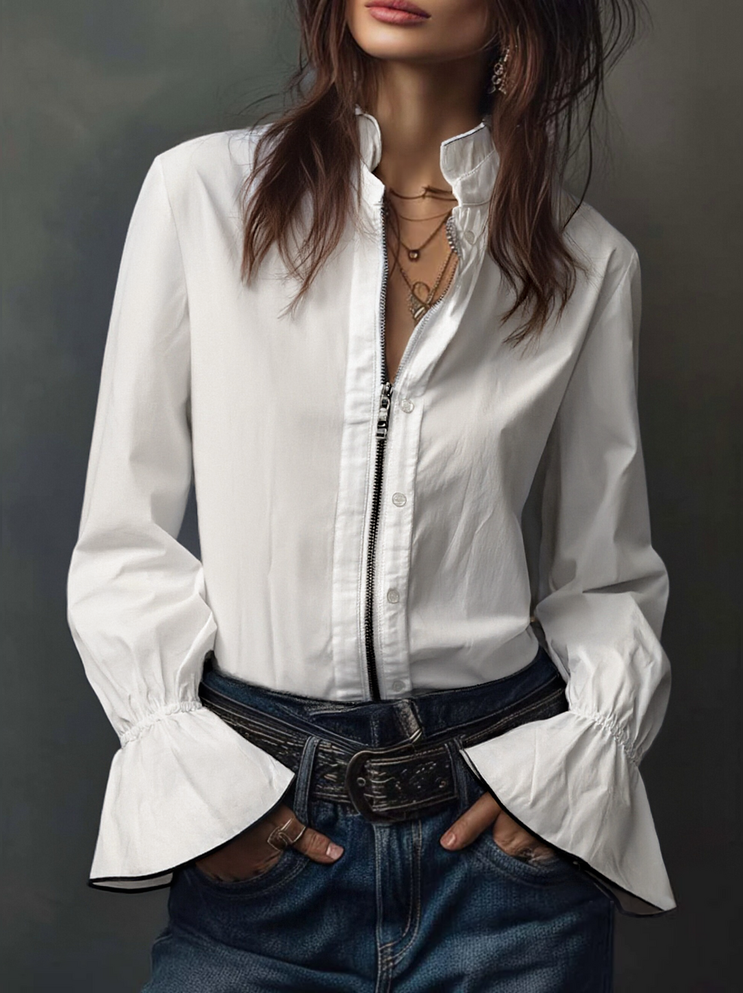 Elena | Blusa Manga Larga Cuello Camisero con Cremallera
