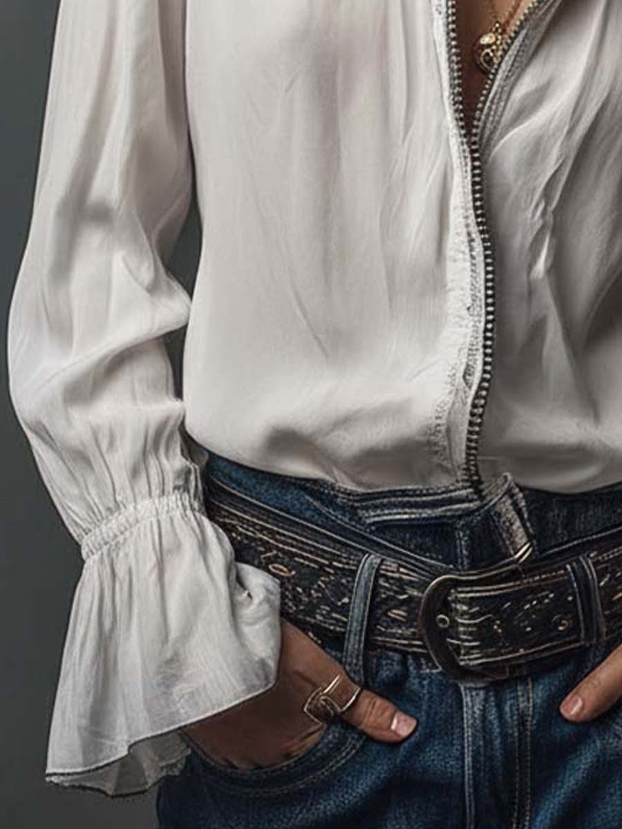 Elena | Blusa Manga Larga Cuello Camisero con Cremallera
