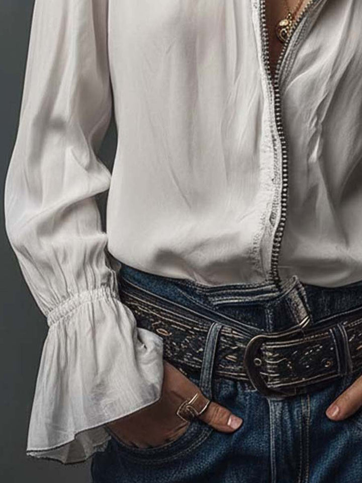 Elena | Blusa Manga Larga Cuello Camisero con Cremallera