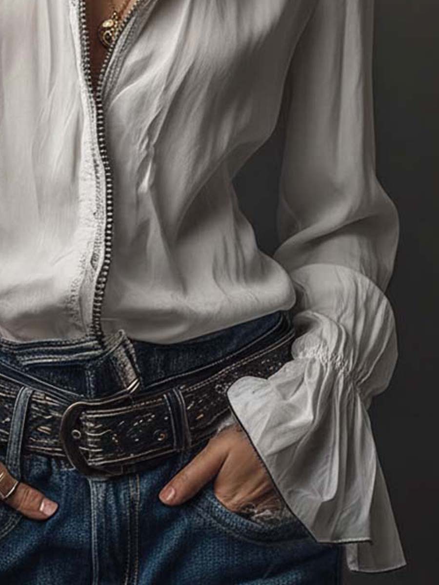 Elena | Blusa Manga Larga Cuello Camisero con Cremallera