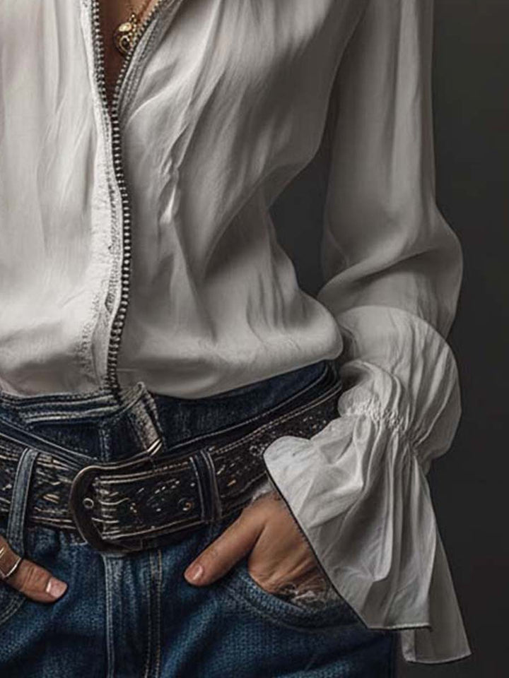Elena | Blusa Manga Larga Cuello Camisero con Cremallera