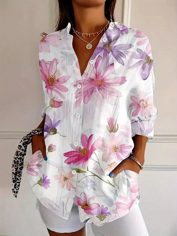 Elena | Camisa Floral Manga Larga Botones Holgada Cuello en V Mujer