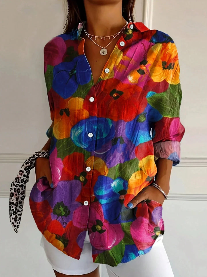 Elena | Camisa Floral Manga Larga Botones Holgada Cuello en V Mujer