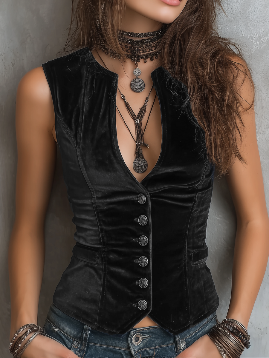 Elena | Chaleco Terciopelo Negro Mujer Moda