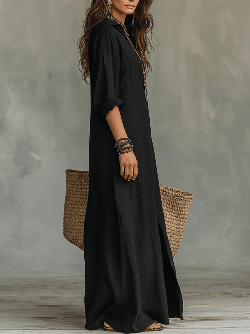 Elena | Vestido Midi Mujer Negro Camisero Maxi