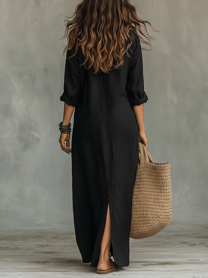 Elena | Vestido Midi Mujer Negro Camisero Maxi