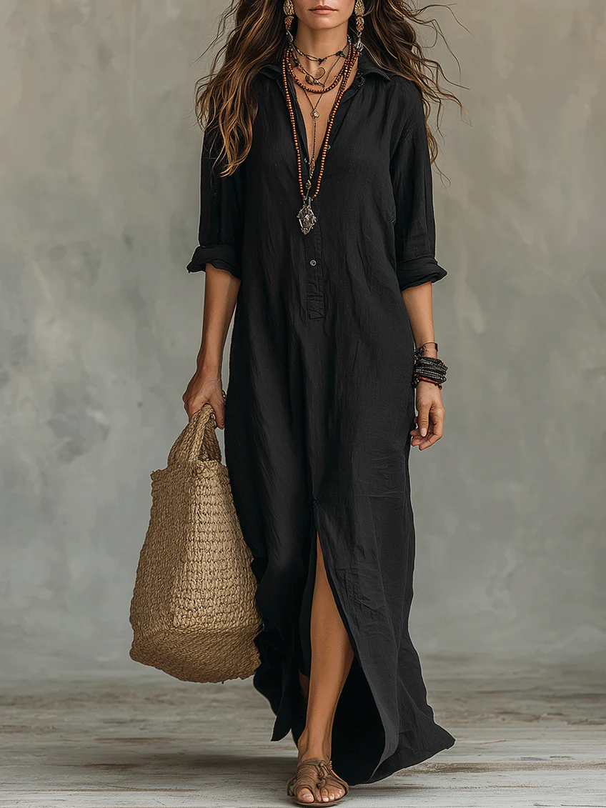 Elena | Vestido Midi Mujer Negro Camisero Maxi