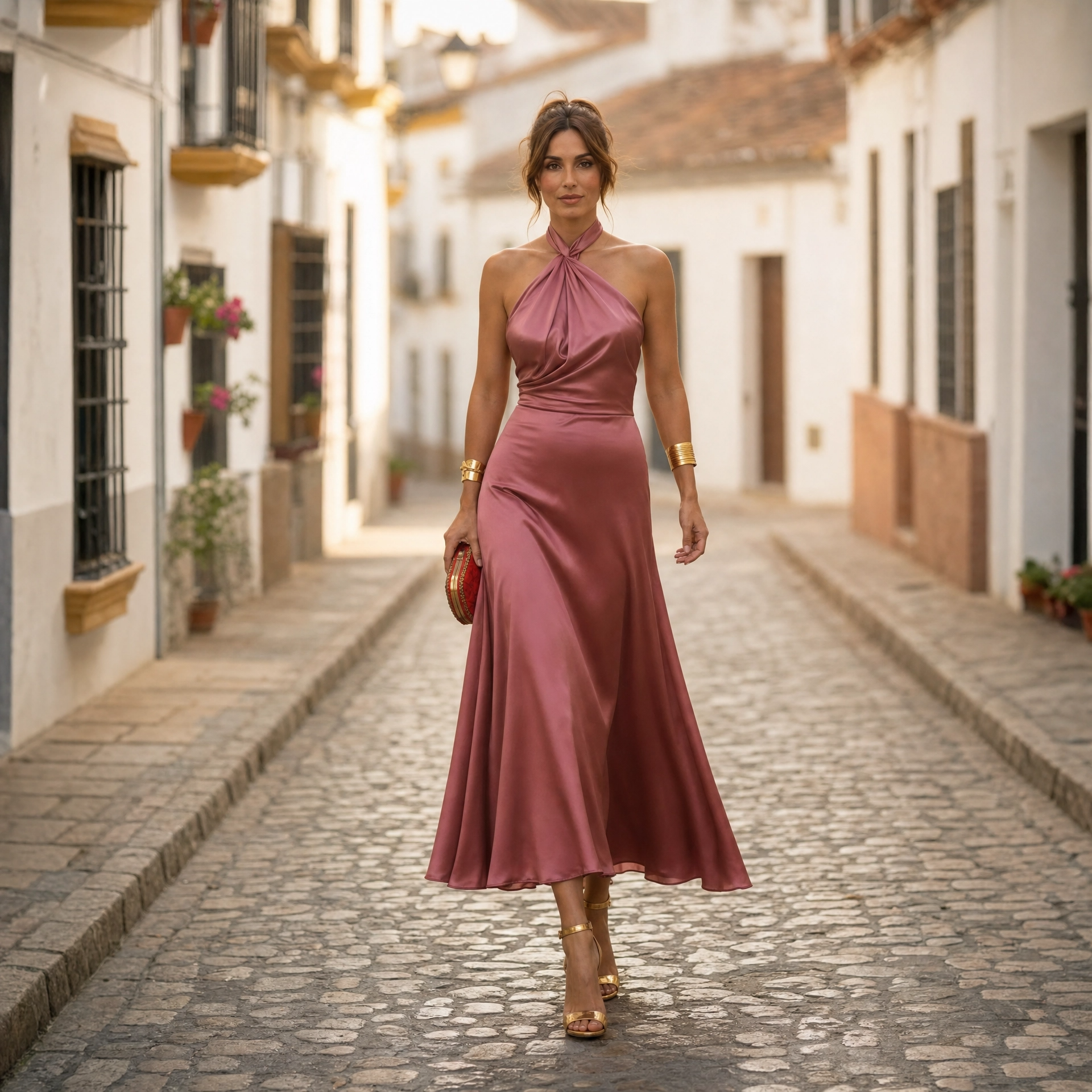 Elena | Vestido Midi Mujer Satinado Halter Invitada