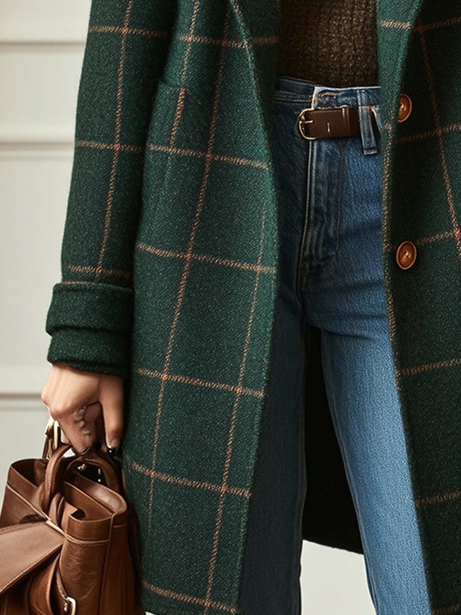 Eva | Chaqueta Larga Cuadros Verde Oscuro
