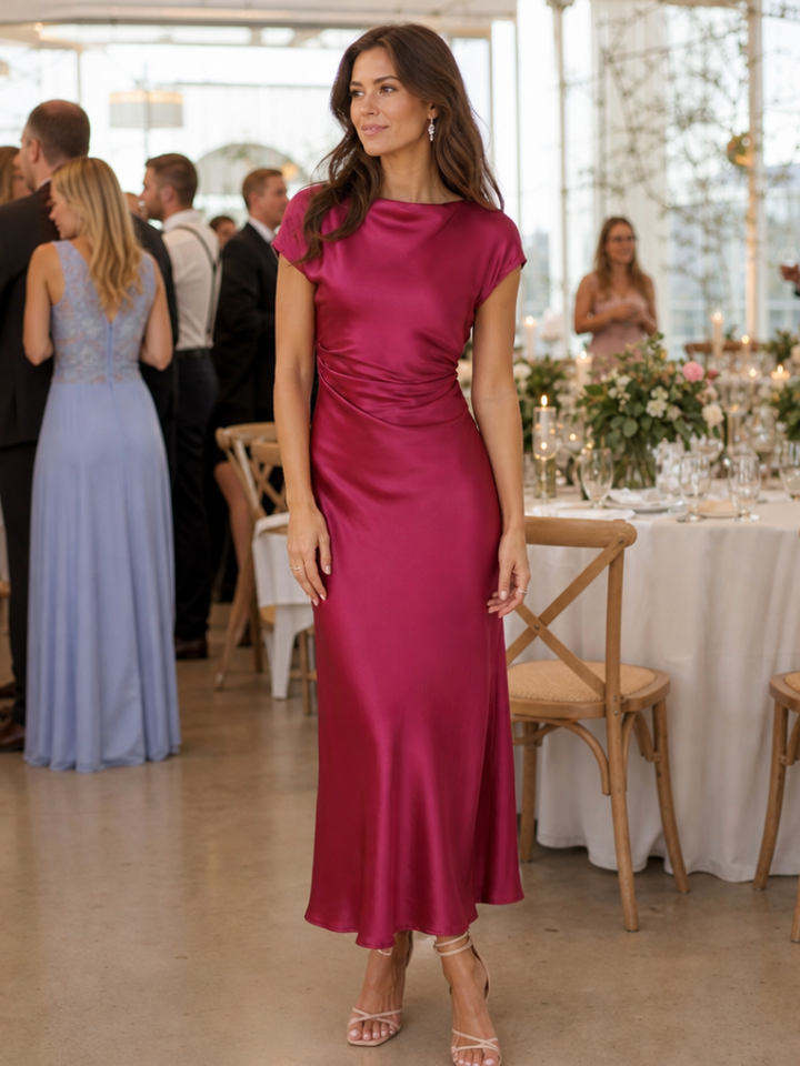Eva | Satén Cuello Barco Vestido Invitada Boda Midi Cruzado