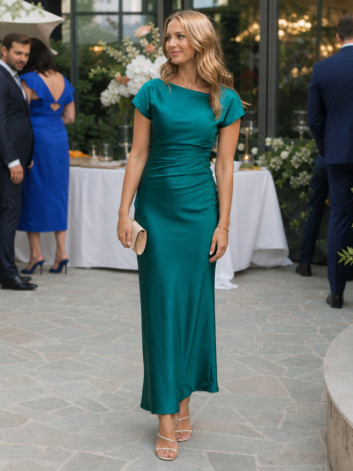Eva | Satén Cuello Barco Vestido Invitada Boda Midi Cruzado