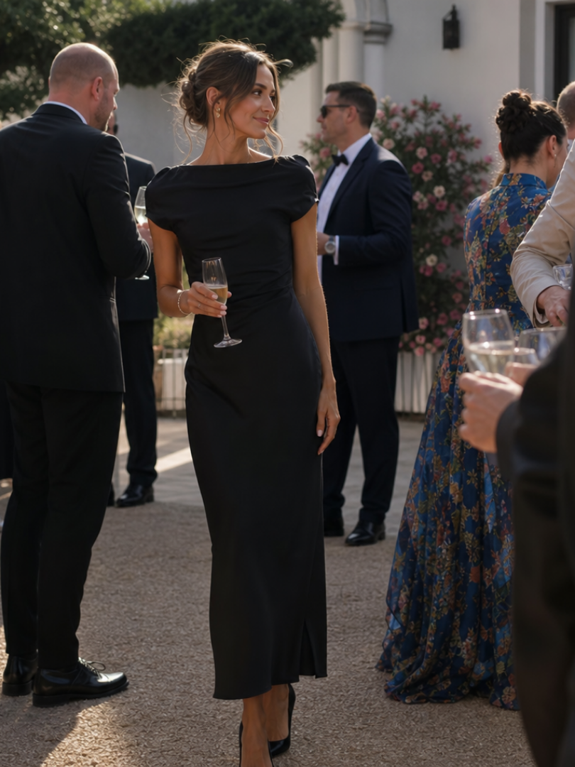 Eva | Satén Cuello Barco Vestido Invitada Boda Midi Cruzado