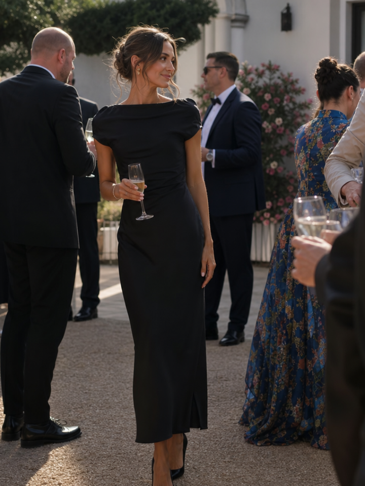 Eva | Satén Cuello Barco Vestido Invitada Boda Midi Cruzado