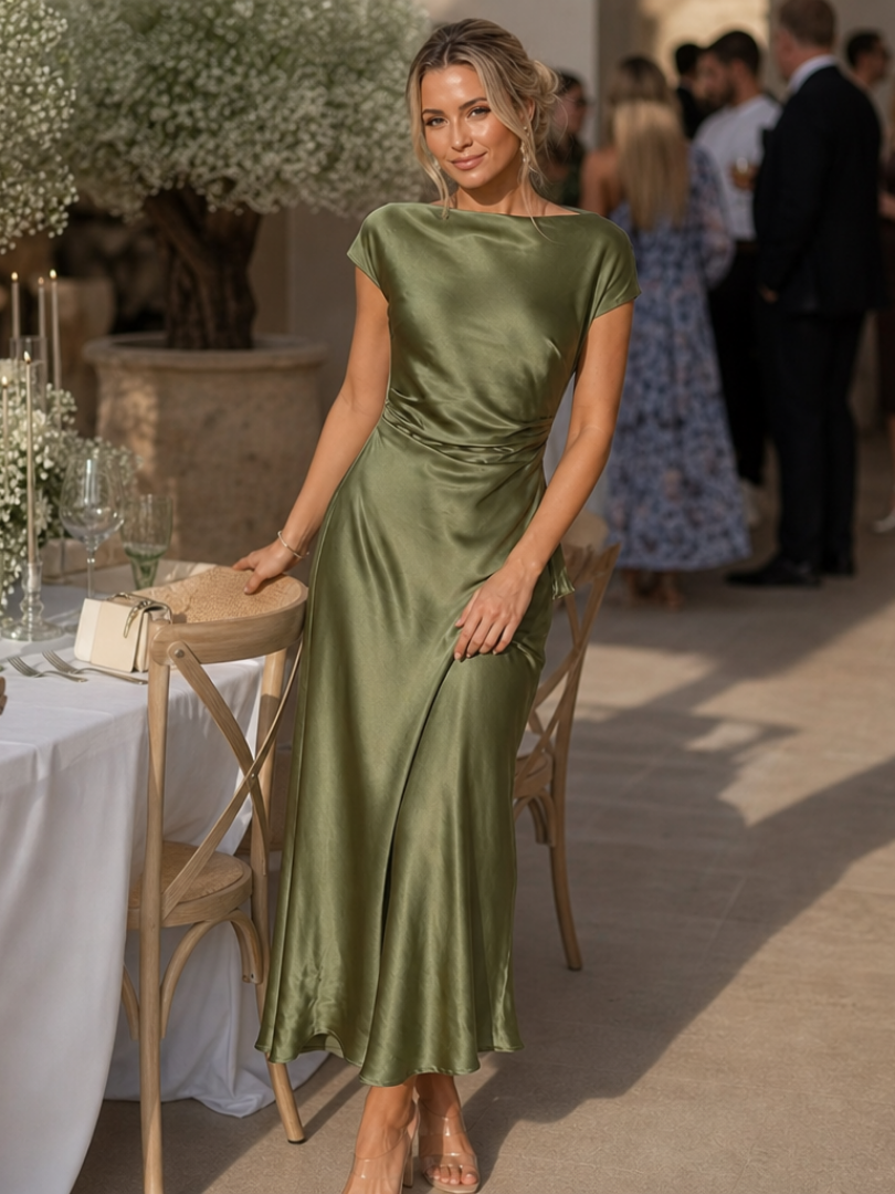 Eva | Satén Cuello Barco Vestido Invitada Boda Midi Cruzado