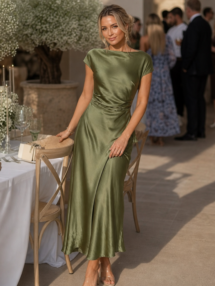 Eva | Satén Cuello Barco Vestido Invitada Boda Midi Cruzado