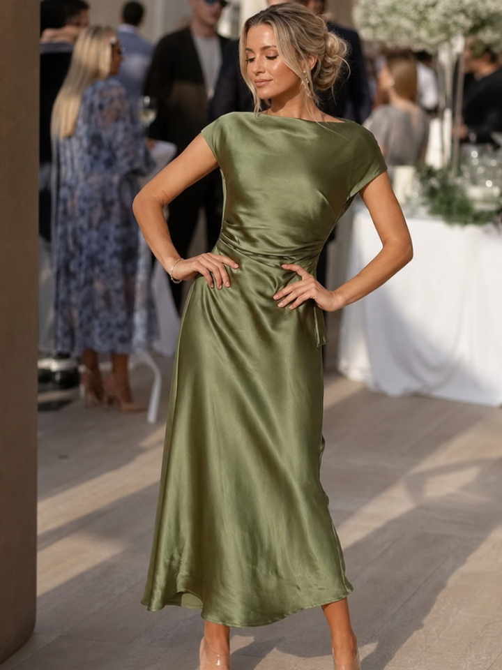 Eva | Satén Cuello Barco Vestido Invitada Boda Midi Cruzado