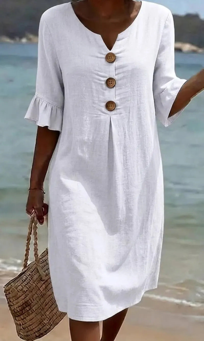 Eva | Vestido Blanco Midi Mujer Botones
