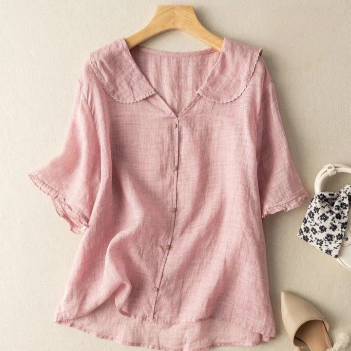 Gloria | Blusa Lino Escote Pico Volantes