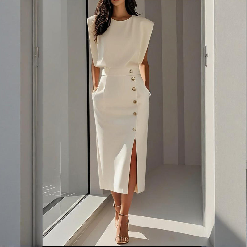 Gloria | Vestido Midi Blanco Mujer Hombreras Botones