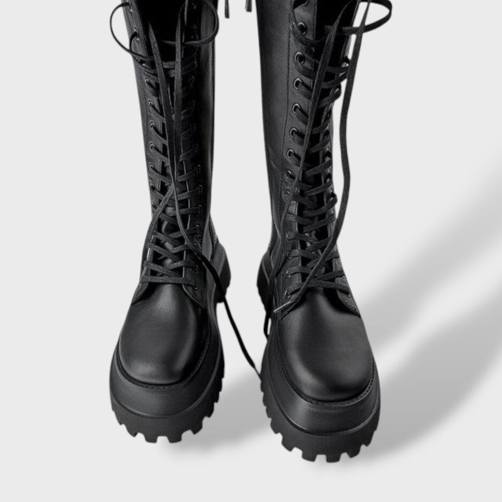 Valeria | Botas Militares Mujer Plataforma Cordones Cuero Negro