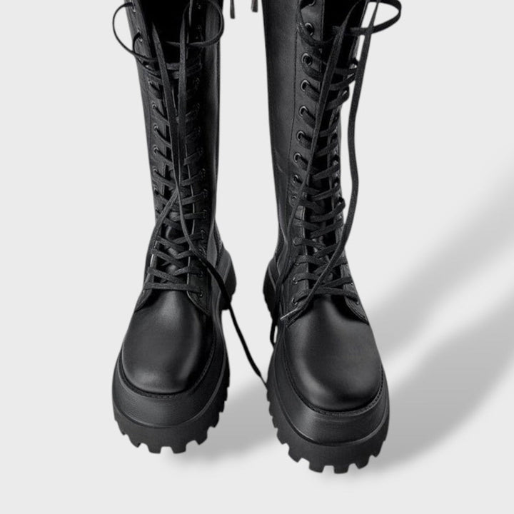 Valeria | Botas Militares Mujer Plataforma Cordones Cuero Negro