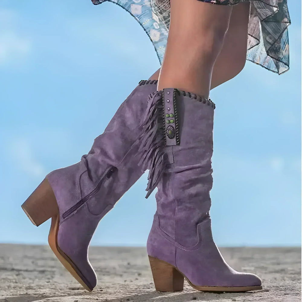 Nuria | Botas Vaqueras de Gamuza con Flecos Turquesa