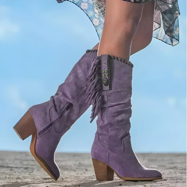 Nuria | Botas Vaqueras de Gamuza con Flecos Turquesa
