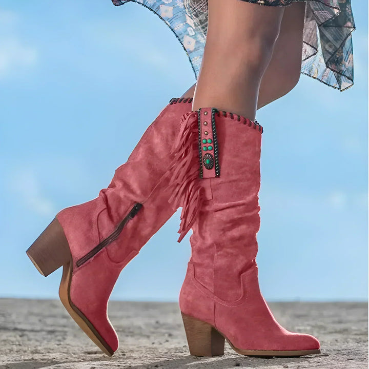 Nuria | Botas Vaqueras de Gamuza con Flecos Turquesa