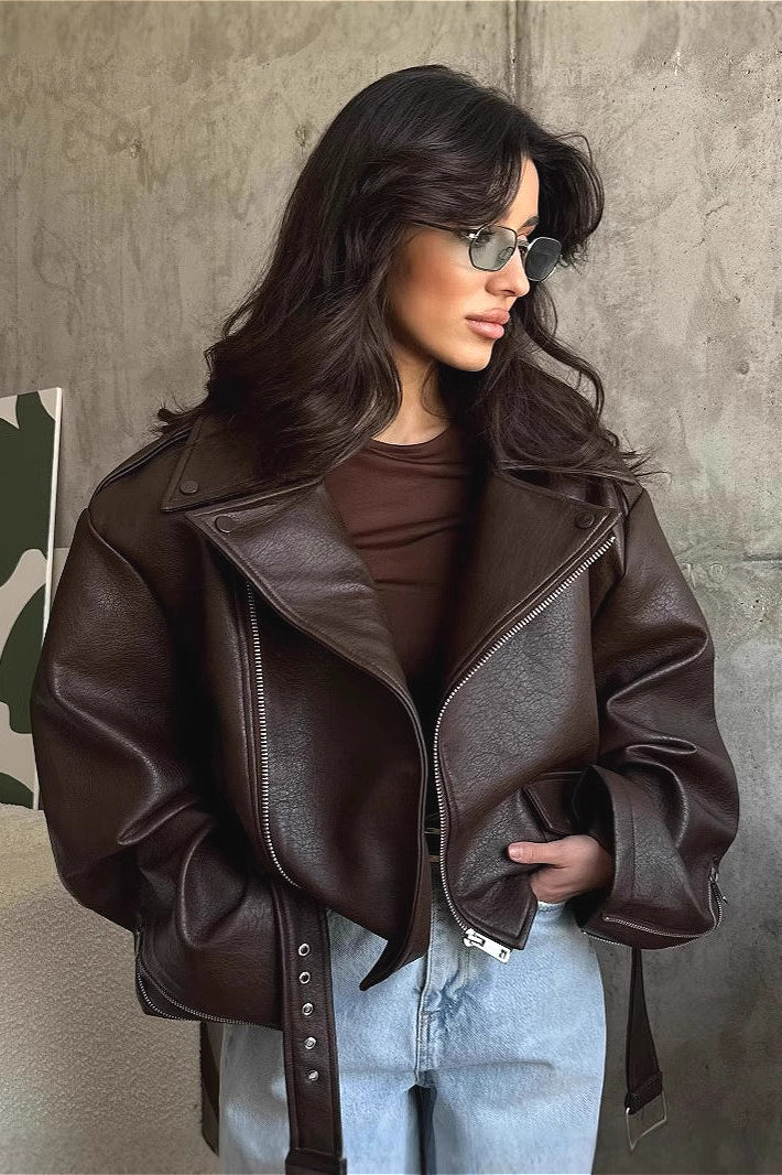 Alejandra | Chaqueta Biker Mujer Piel Marrón Oversize