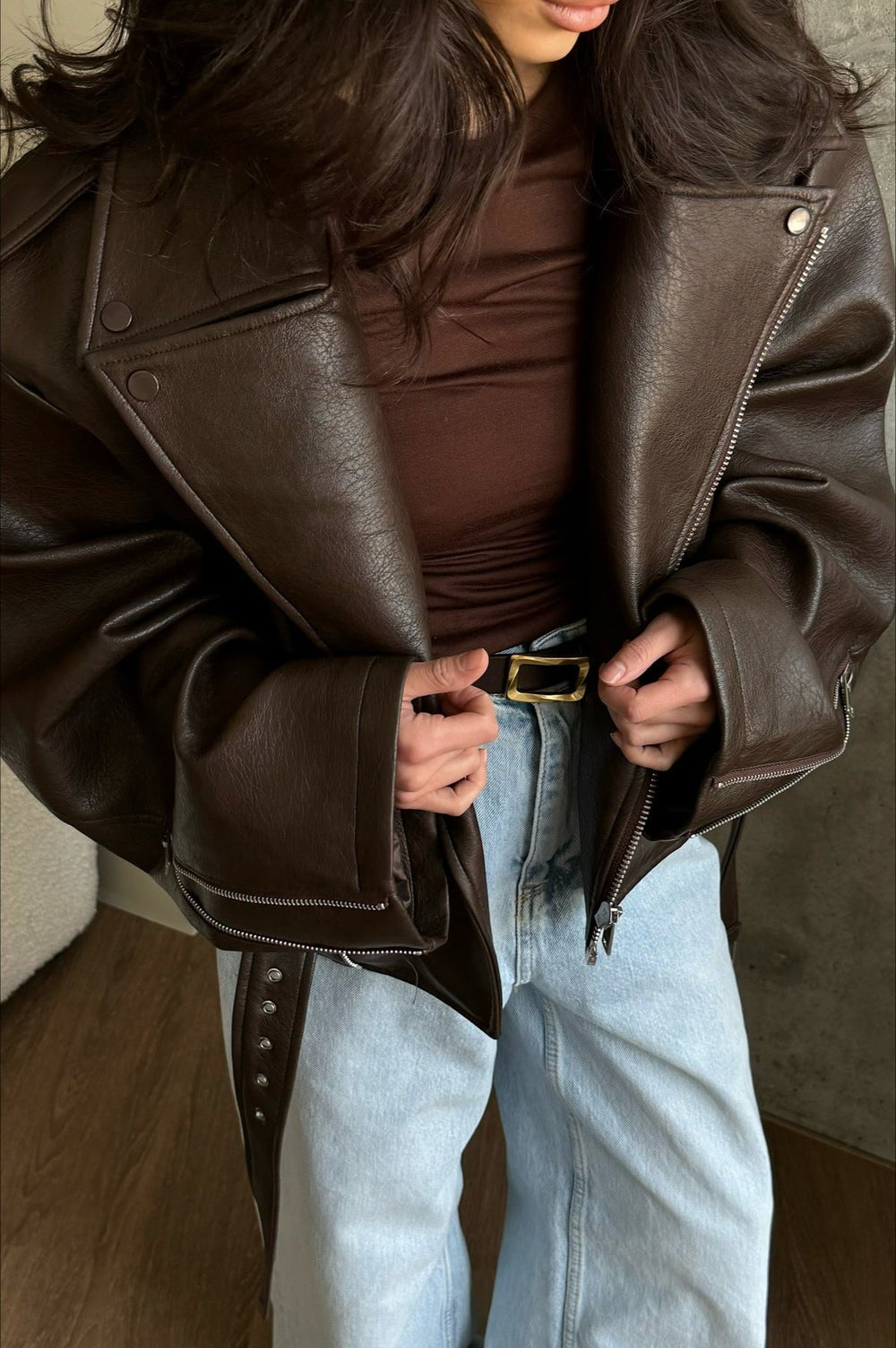 Alejandra | Chaqueta Biker Mujer Piel Marrón Oversize