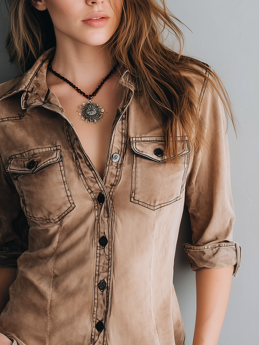 Inés | Camisa Vaquera Marrón Manga Larga Mujer