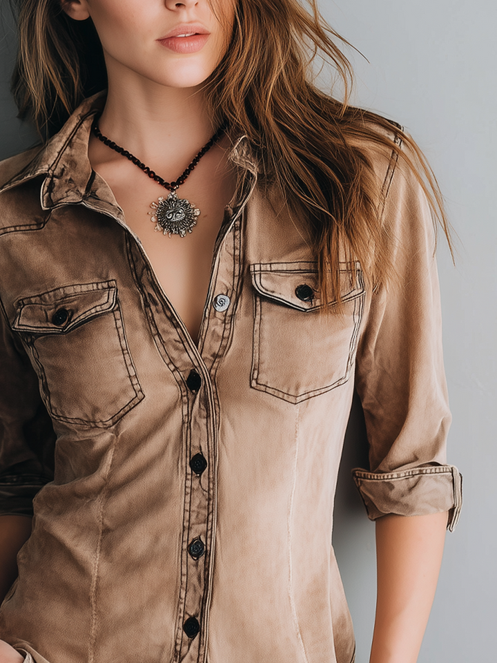 Inés | Camisa Vaquera Marrón Manga Larga Mujer