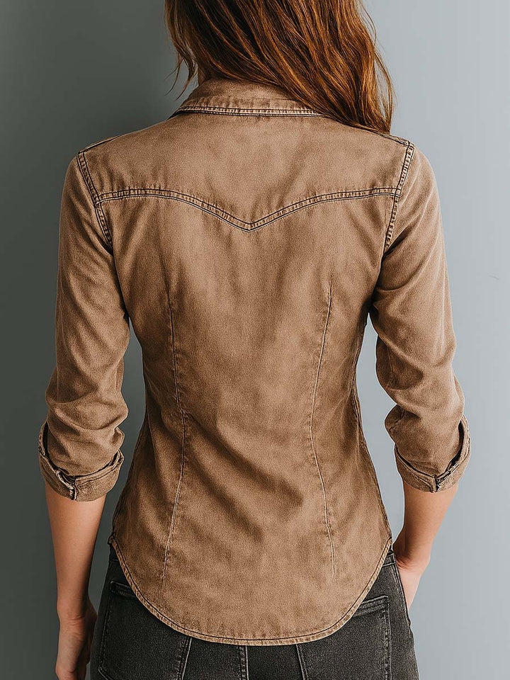 Inés | Camisa Vaquera Marrón Manga Larga Mujer