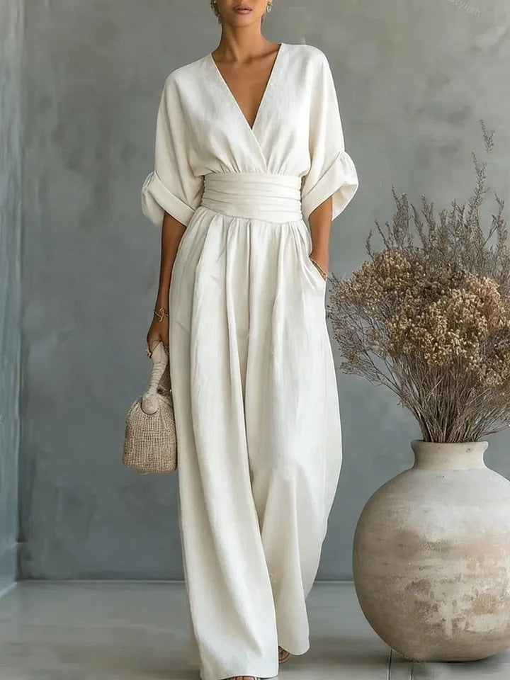 Inés | Jumpsuit Blanco Vestido Mujer Manga Larga