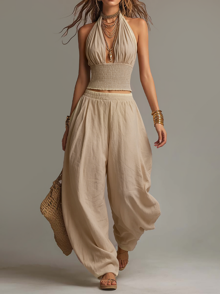 Irene | Conjunto Halter Lino Plisado Cropped