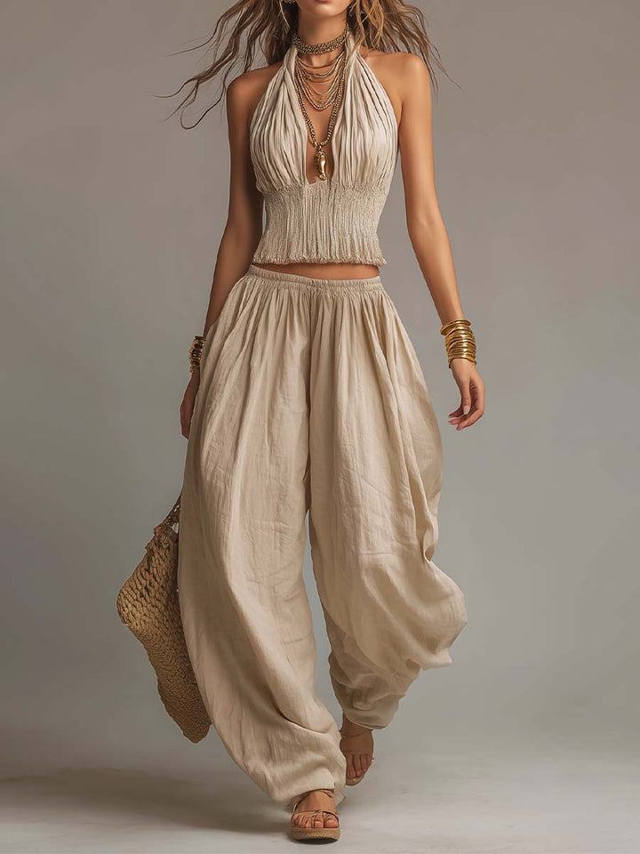 Irene | Conjunto Halter Lino Plisado Cropped