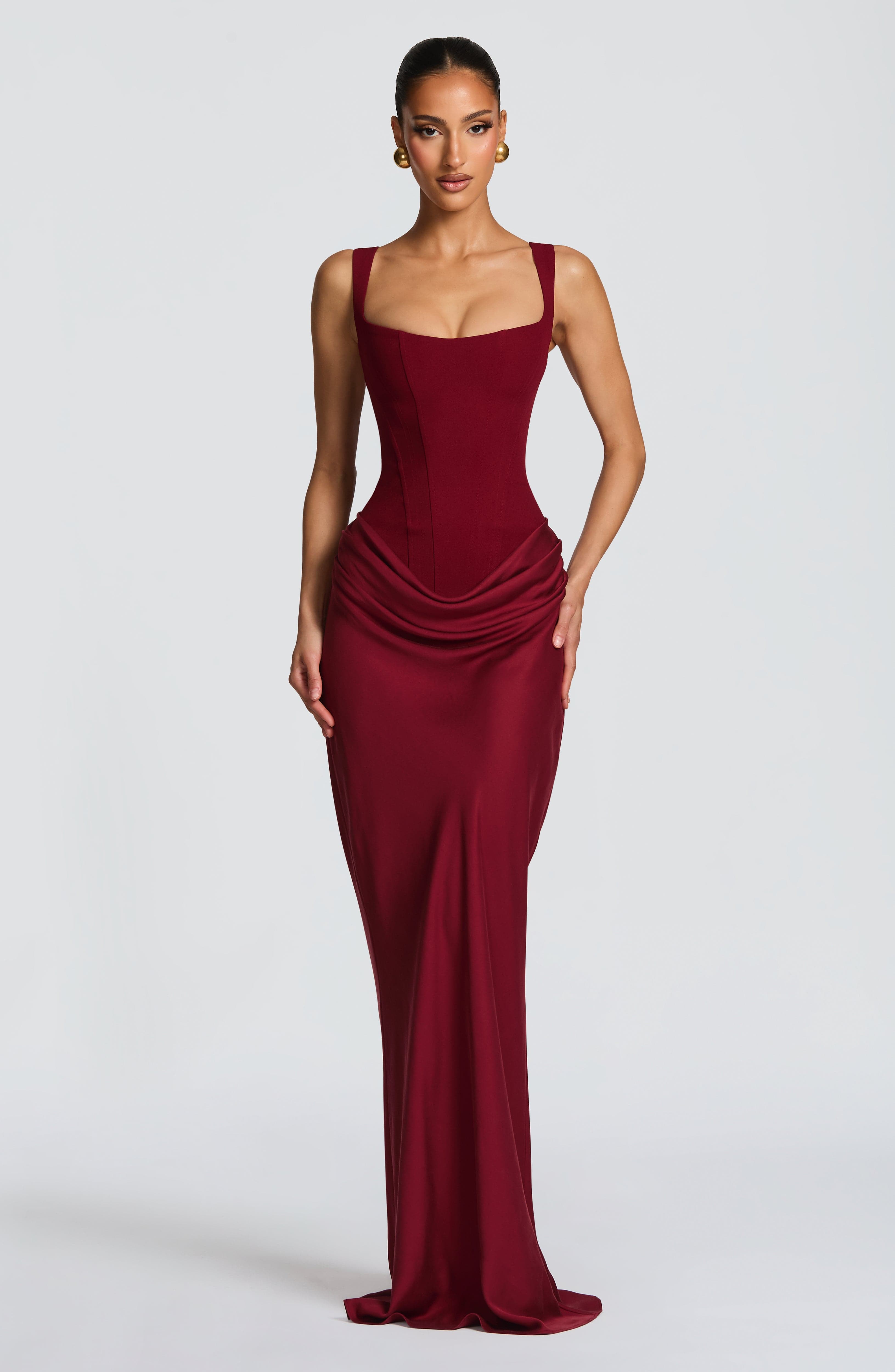 Irene | Vestido Maxi Corset Drapeado Mujer Burdeos