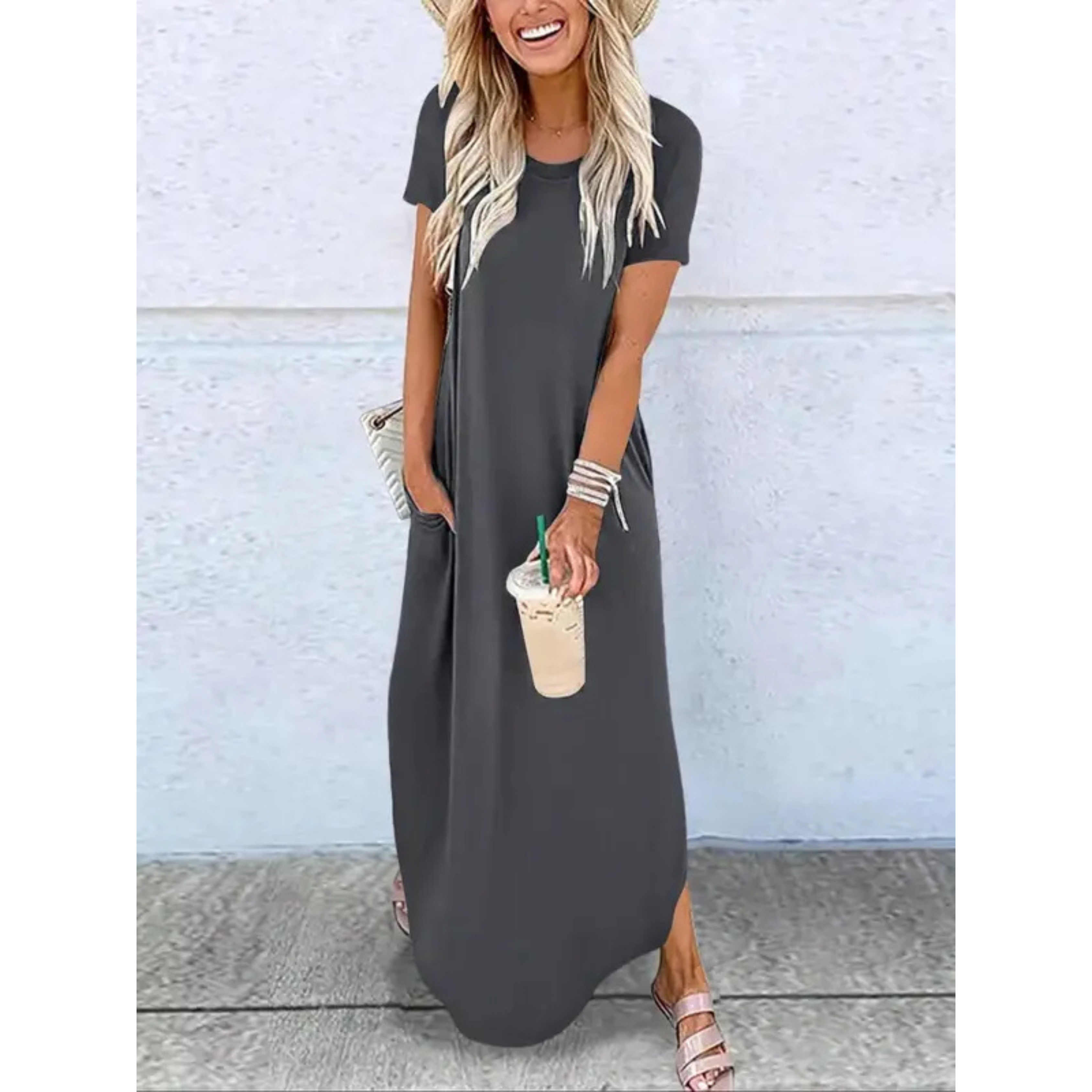 Irene | Vestido Maxi Mujer Manga Corta con Bolsillos