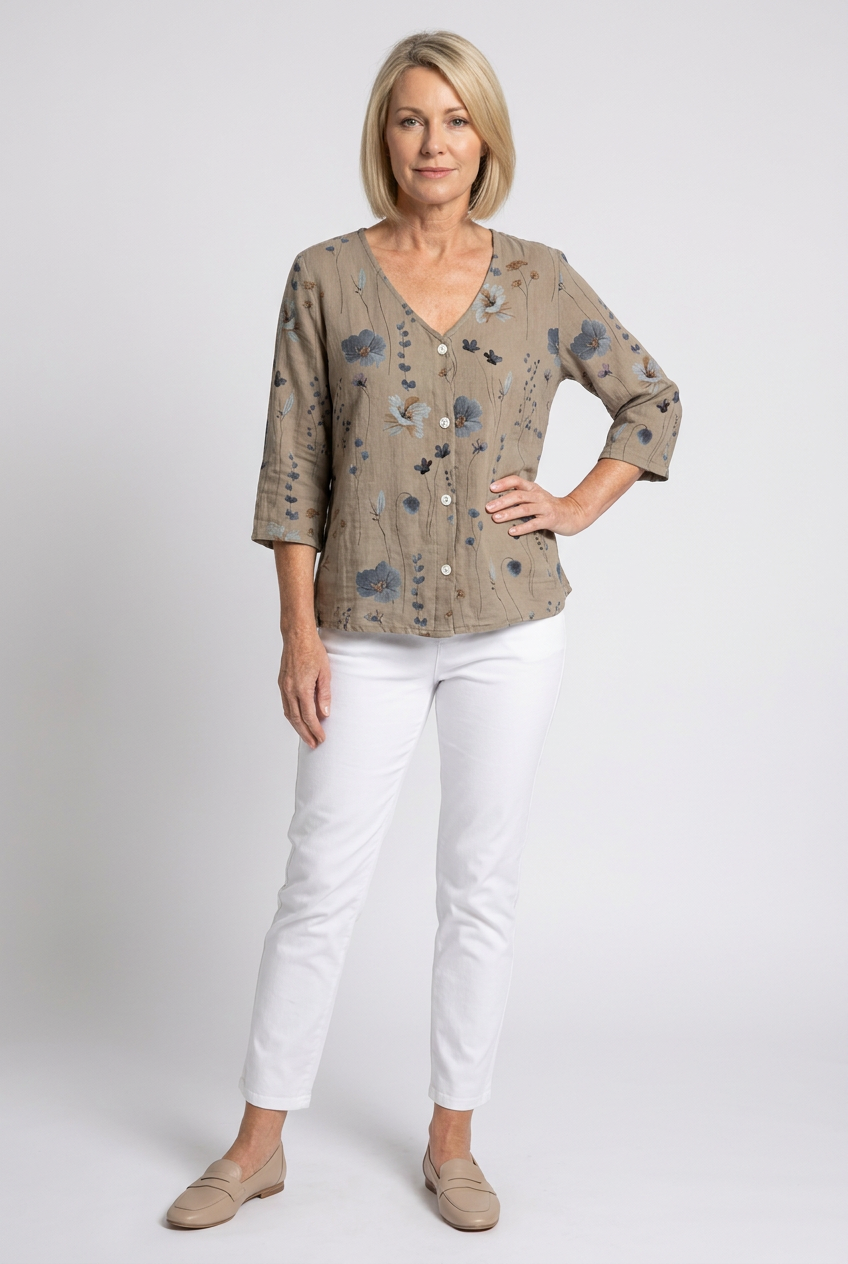 Isabella | Blusa Floral Bordada Cuello V Manga Larga Ajuste Relajado