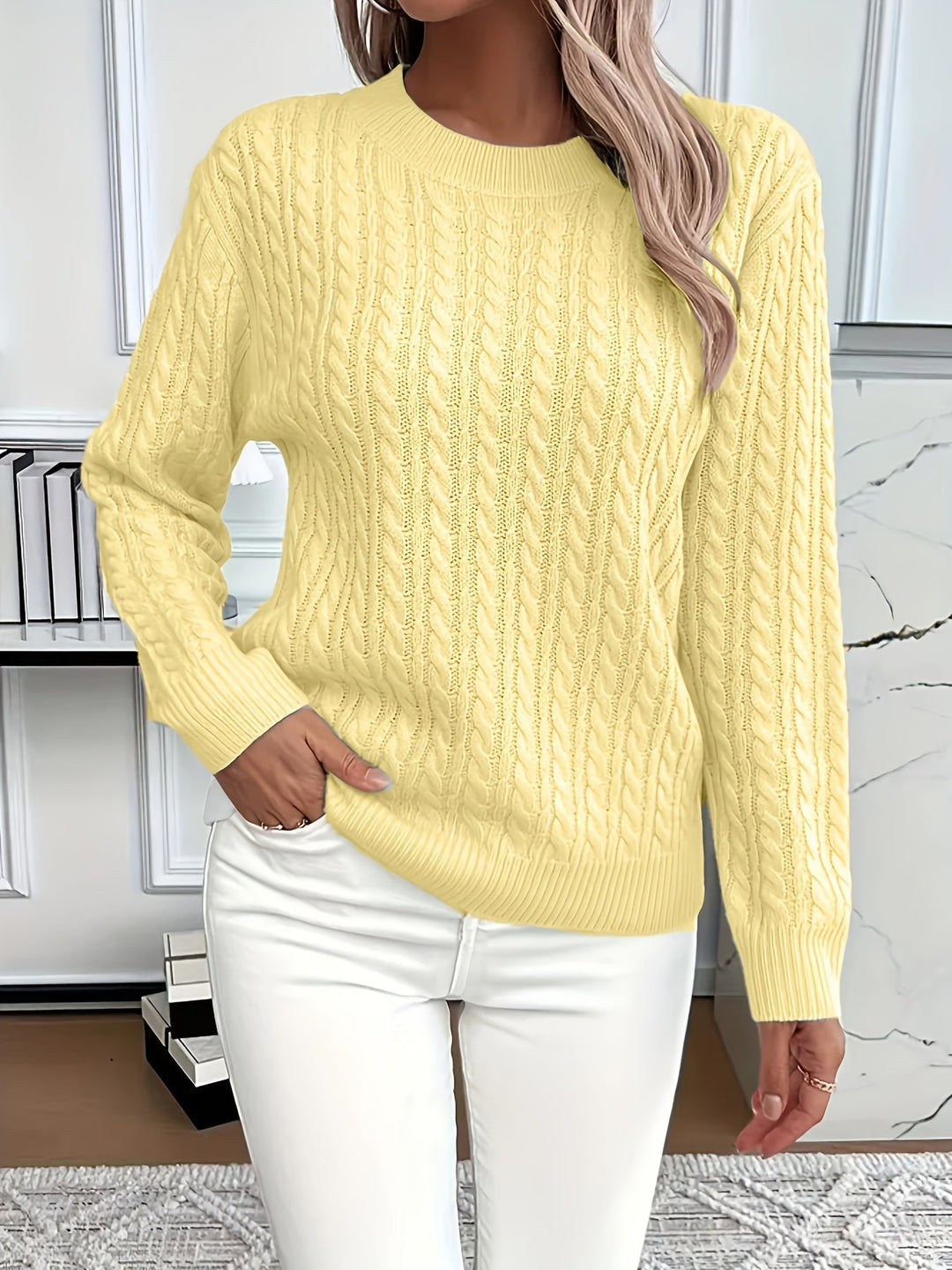 Isabella | Jersey Mujer Tejido Trenzado Cuello Redondo