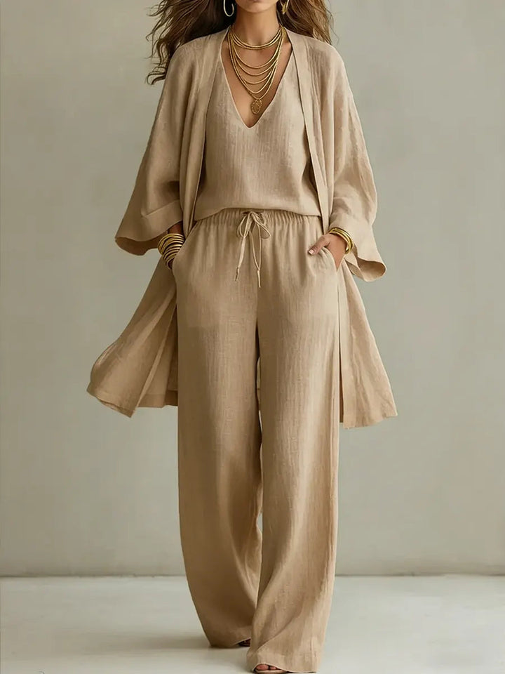 Julia | Conjunto Lino Tres Piezas Kimono Pantalón Ancho