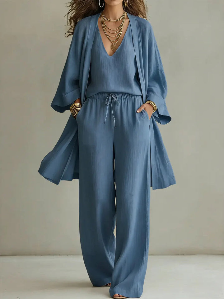 Julia | Conjunto Lino Tres Piezas Kimono Pantalón Ancho